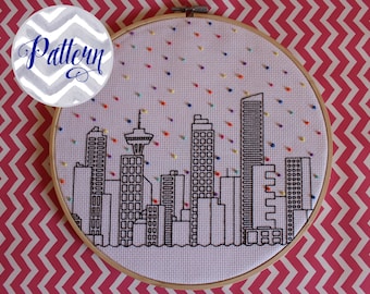 Hello Vancouver Cross Stitch Pattern. Confetti City Skyline. Cityscape. Digital PDF Pattern. Blackwork. Housewarming. Canucks.