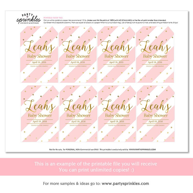 Girl Baby Shower Custom Pink Stripes /& Gold confetti Printable Favor Thank you Tags for Bags or boxes