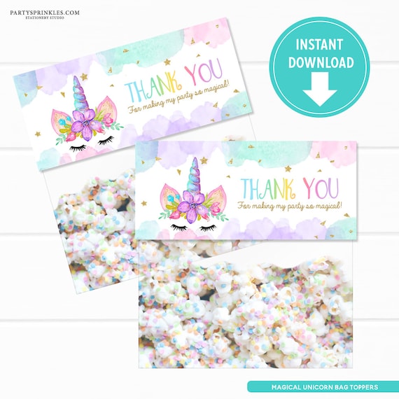 Gold Glitter Watercolors Magical Unicorn Bag Toppers, Thank you Tags, Bag Labels, Unicorn Treat Bags, Party Favors - Instant Download Il_570xn