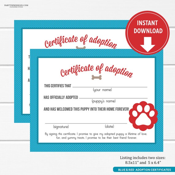 Blue And Red Puppy Adoption Certificates Puppy Party Favors Etsy