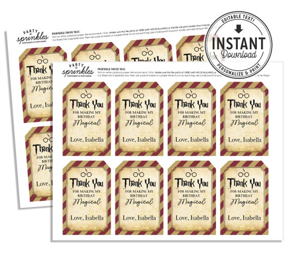 Wizard Party Printable Harry Potter Inspired Birthday Tags Instant Download Harry Potter Theme