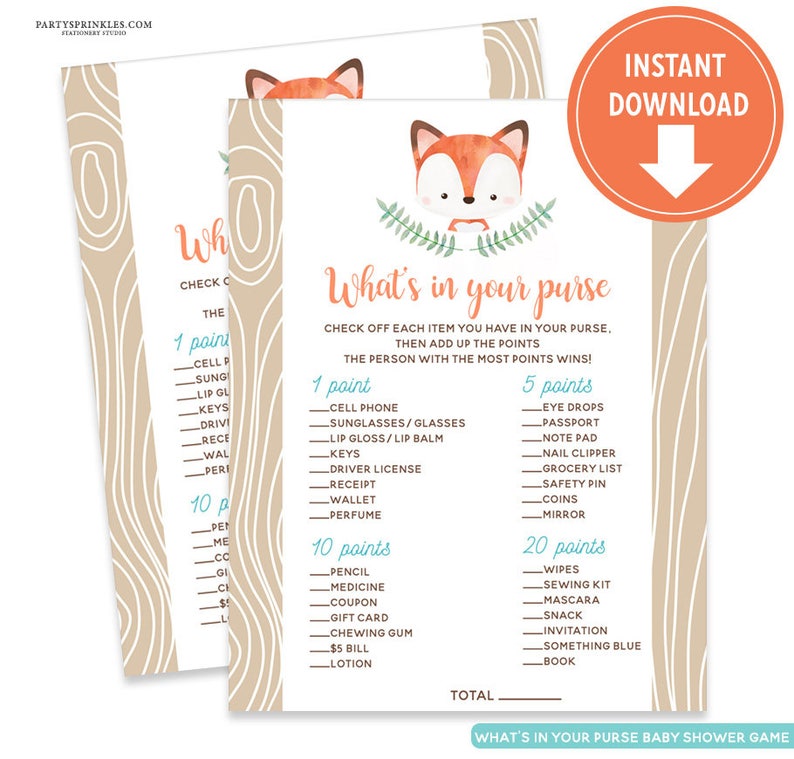 Fox Baby Shower What's in your purse Baby Shower Game Etsy
