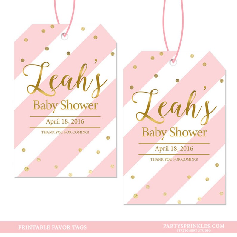 Girl Baby Shower Custom Pink Stripes /& Gold confetti Printable Favor Thank you Tags for Bags or boxes