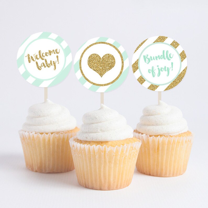 Baby Shower Mint Gold Glitter Cupcake Toppers Diy Etsy