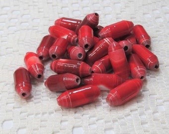 Paper Beads, Loose Handmade Jewelry Making Supplies Craft Supplies Bullet Tube Glistening Bulbs on Red