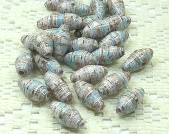 Paper Beads, Loose Handmade, Jewelry Making Supplies, Distressed Fence with Pale Blue