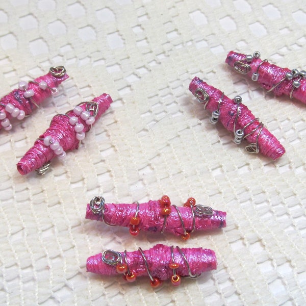 Paper Beads, Tyvek Paper Beads, Loose Handmade, Hand Painted, Wire Wrapped, Jewelry Making Supplies, Iridescent Plum Flash and Metallic Plum