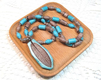 Paper Bead Necklace, Paper Bead Jewelry, Paper Bead Accessories, Turquoise and Naturals with Brown Leaf Pendant