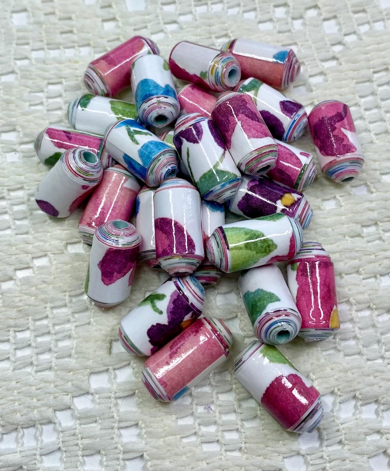 Handmade Paper Beads, Watercolor Floral, Jewelry Making, Set of 25 image 2