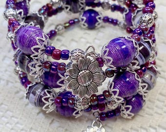 Handmade Paper Bead Memory Wire Bracelet: Purple Floral Design