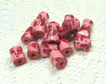 Paper Beads, Loose Handmade, Artisan Paper, Handmade Paper, Jewelry Making Supplies, Dark Red Rose buds on Pink