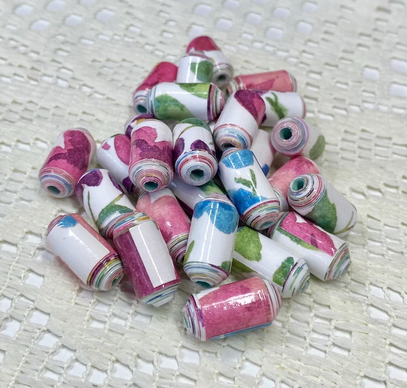 Handmade Paper Beads, Watercolor Floral, Jewelry Making, Set of 25 image 3