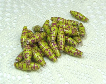 Paper Beads, Loose Handmade Jewelry Making Supplies Craft Supplies Purple Damask on Chartreuse