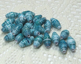 Paper Beads, Handmade Loose, Jewelry Making Supplies, Barrel Turquoise Swirl