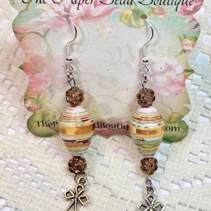 Paper Bead Earrings, Handmade Earrings, Boho Earrings, Beige with Natural Colors and Crosses