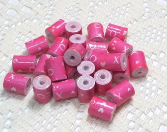 Paper Beads, Loose Handmade Jewelry Making Supplies Craft Supplies Tube X's and O's on Pink