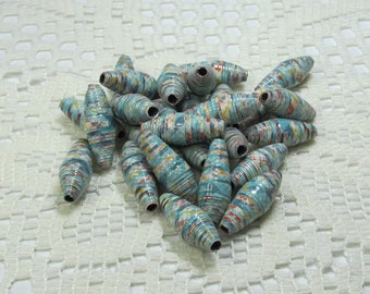Paper Beads, Loose Handmade Jewelry Making Supplies Craft Supplies Barrel Blue Plaid