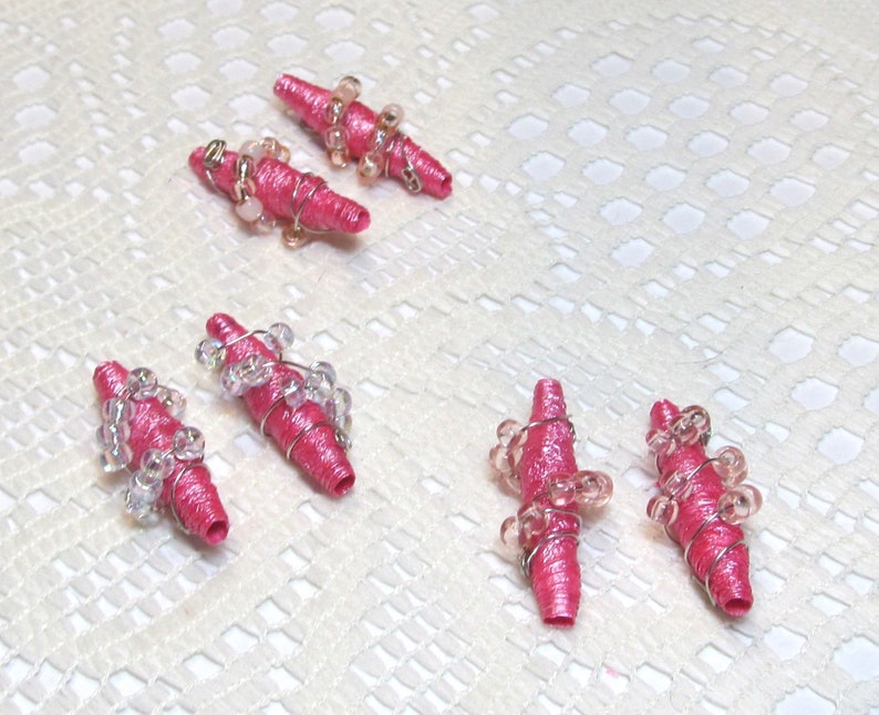 Paper Beads, Tyvek Paper Beads, Loose Handmade, Hand Painted, Wire Wrapped, Jewelry Making Supplies, Metallic Pink image 1