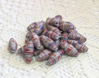 Paper Beads, Loose Handmade Jewelry Making Supplies Craft Supplies Glittered Blue and Red