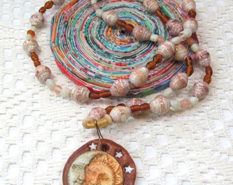 Paper Bead Necklace, Paper Bead Jewelry, Paper Bead Accessories, Crackled Sun, Moon and Stars Pendant