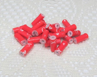 Paper Beads, Loose Handmade Jewelry Making Supplies Craft Supplies Tube X's and O's on Red