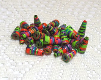 Paper Beads, Loose Handmade Hand Colored Jewelry Making Supplies Craft Supplies Cone Purple and Lime