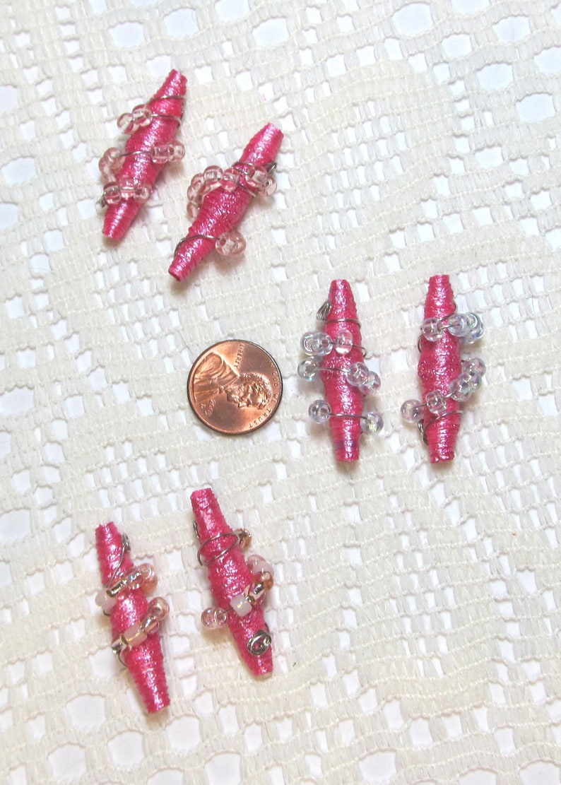 Paper Beads, Tyvek Paper Beads, Loose Handmade, Hand Painted, Wire Wrapped, Jewelry Making Supplies, Metallic Pink zdjęcie 3