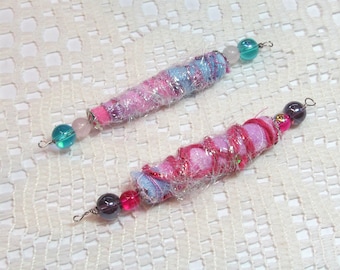 Fabric Beads, Boho Beads, Handmade, Jewelry Making Supplies, Pink and Blue