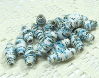 Paper Beads, Loose Handmade, Handmade Artisan Paper, Jewelry Making Supplies, Blues and Gold Specs on White