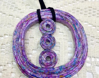 Handmade Paper Disc Pendant, Purple Mermaid Tail Design