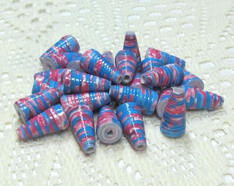 Paper Beads, Loose Handmade, Jewelry Making Supplies, Cone Pink Floral on Blue