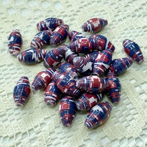 Handmade Paper Beads: Patriotic Stars and Stripes, Barrel Shape (25 pc)