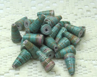 Paper Beads, Loose Handmade, Jewelry Making Supplies, Cone Distressed Green Fence