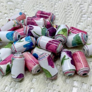 Handmade Paper Beads, Watercolor Floral, Jewelry Making, Set of 25 image 1