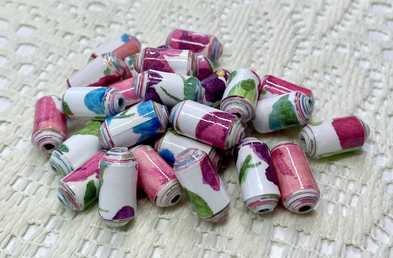 Handmade Paper Beads, Watercolor Floral, Jewelry Making, Set of 25 image 1