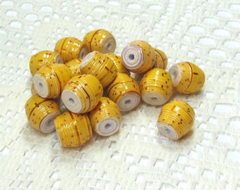 Paper Beads, Loose Handmade, Jewelry Making Supplies, Shorty Barrel, Bright Yellow with Specs of Red Metallic