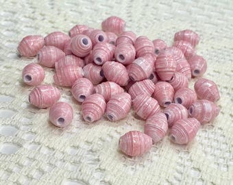 Handmade White Sunflower Outline on Pink Paper Beads, Jewelry Making Supplies, 50pc