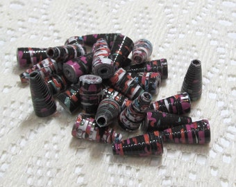 Paper Beads, Loose Handmade, Jewelry Making Supplies, Cone Day of the Dead Black and Red