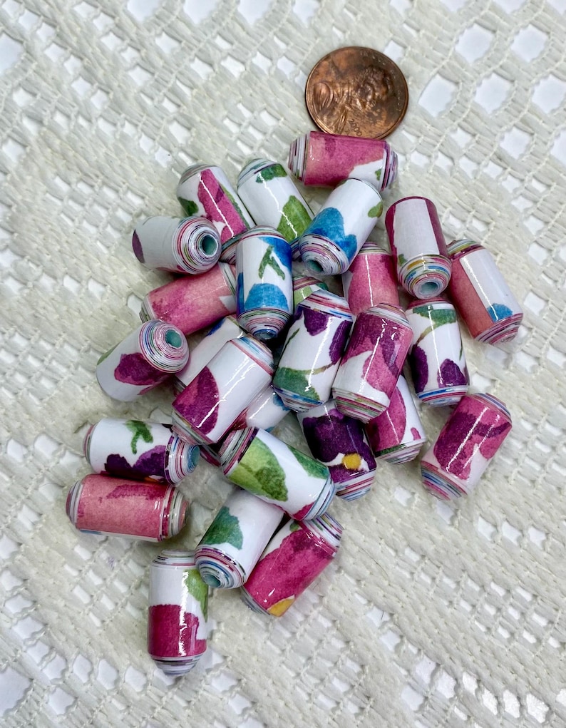 Handmade Paper Beads, Watercolor Floral, Jewelry Making, Set of 25 image 7
