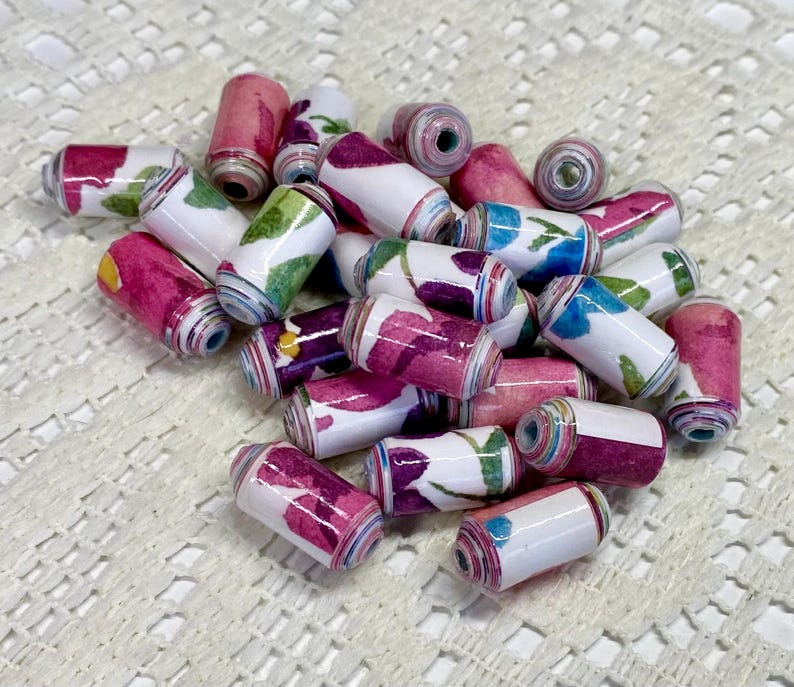 Handmade Paper Beads, Watercolor Floral, Jewelry Making, Set of 25 image 4
