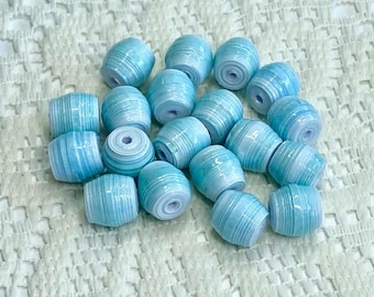Paper Beads, Loose Handmade, Shorty Barrel Beads, Aqua with a Touch of White Ombre