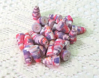 Paper Beads, Loose Handmade Jewelry Making Supplies Craft Supplies Cone Pastel Watercolor Pink Purple and White