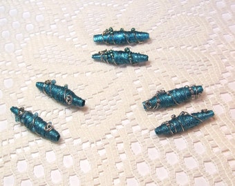 Paper Beads, Tyvek Paper Beads, Loose Handmade, Hand Painted, Wire Wrapped, Jewelry Making Supplies, Teal