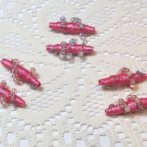 Paper Beads, Tyvek Paper Beads, Loose Handmade, Hand Painted, Wire Wrapped, Jewelry Making Supplies, Metallic Pink image 2