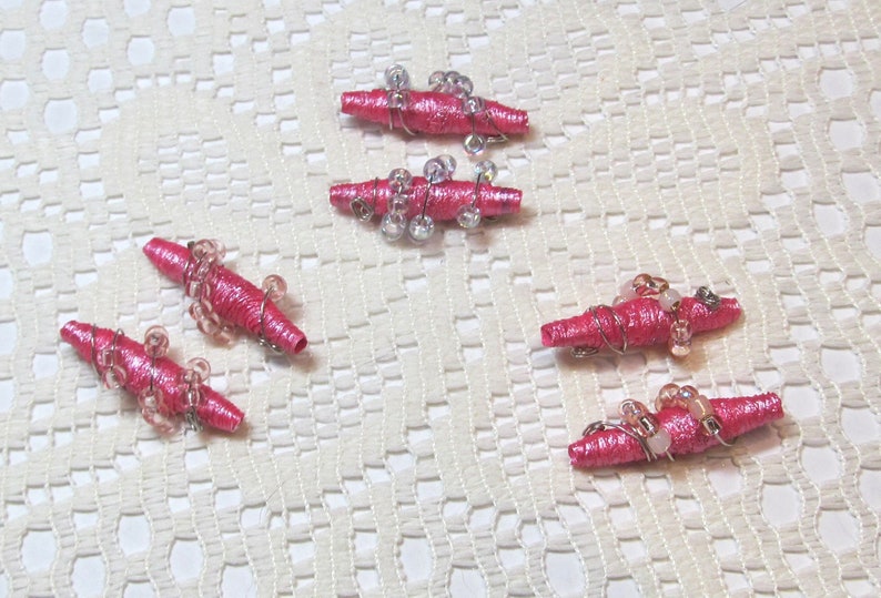 Paper Beads, Tyvek Paper Beads, Loose Handmade, Hand Painted, Wire Wrapped, Jewelry Making Supplies, Metallic Pink image 2