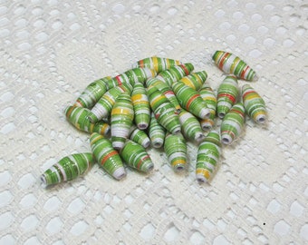 Paper Beads, Loose Handmade Jewelry Making Supplies Craft Supplies Barrel Green, Yellow and White