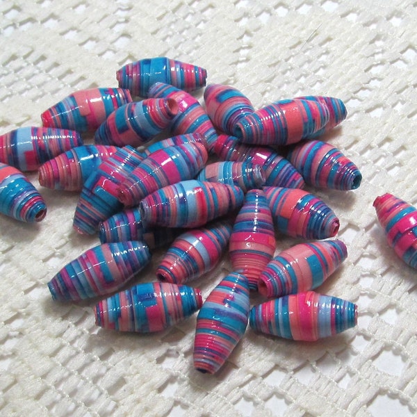 Paper Beads, Loose Handmade Jewelry Making Supplies Craft Supplies Hand Colored, Barrel Pinks and Blues