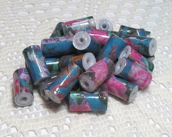 Paper Beads, Loose Handmade Jewelry Making Supplies Craft Supplies, Tube Pink Floral on Blue