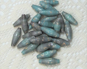 Paper Beads, Loose Handmade Jewelry Making Supplies Craft Supplies Barrel Blue Green with Gray Undertones