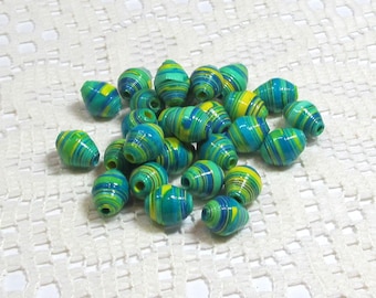 Paper Beads, Loose Handmade Jewelry Making Supplies Craft Supplies Hand Colored Blue Green with Yellow